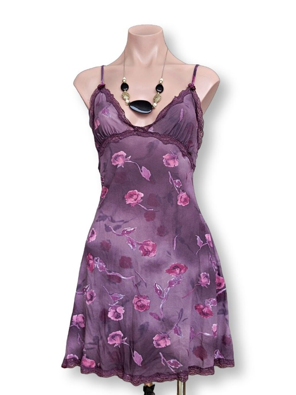 Hanna Purple Floral Lace Slip Dress Vintage Nightgown Lingerie (M)